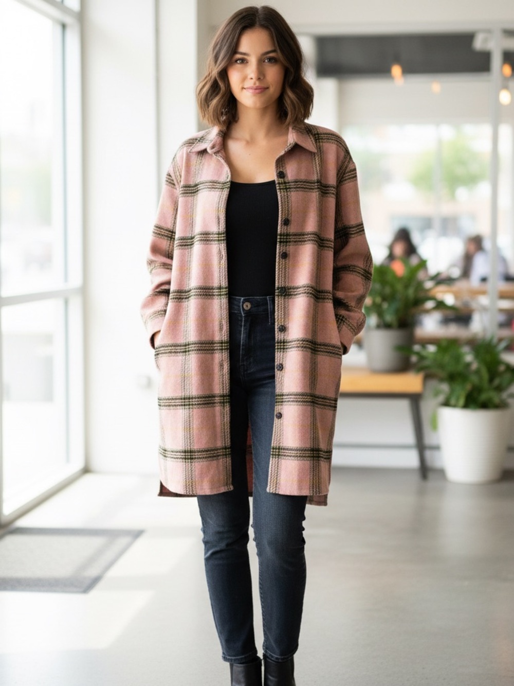 wild fable Mauve Plaid Oversized Coat with Yellow & Forest Accents